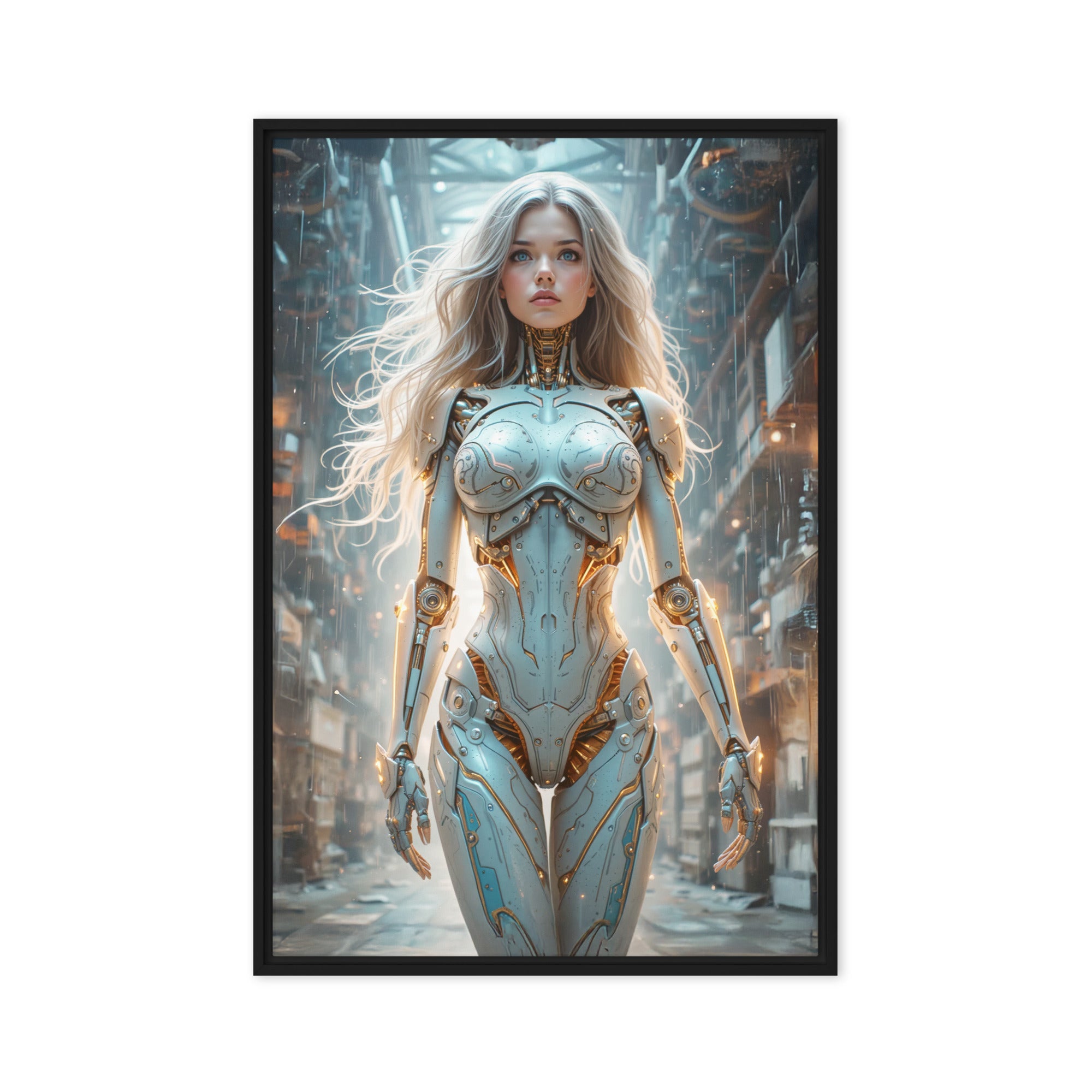 Fine art wall décor featuring “awakening of the synthetic sentinel” - framed canvas